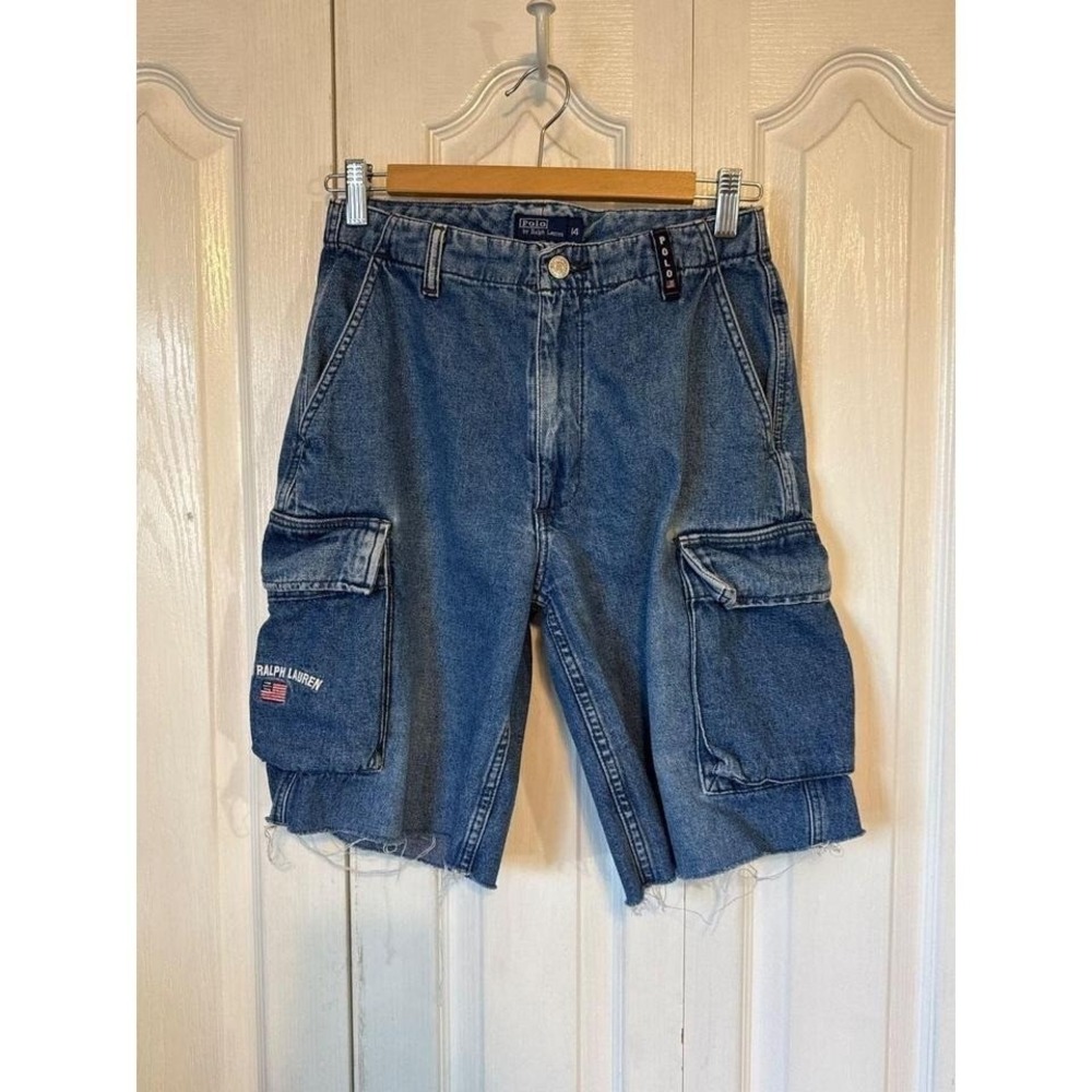 Polo Ralph Lauren Cargo Denim Shorts Mens 14 Blue Raw Hem Distressed Utility‎